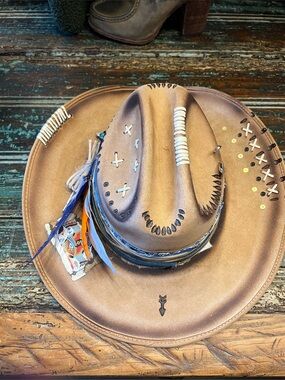 Western Brown Leather-Style Cowboy Hat with Feather Accent